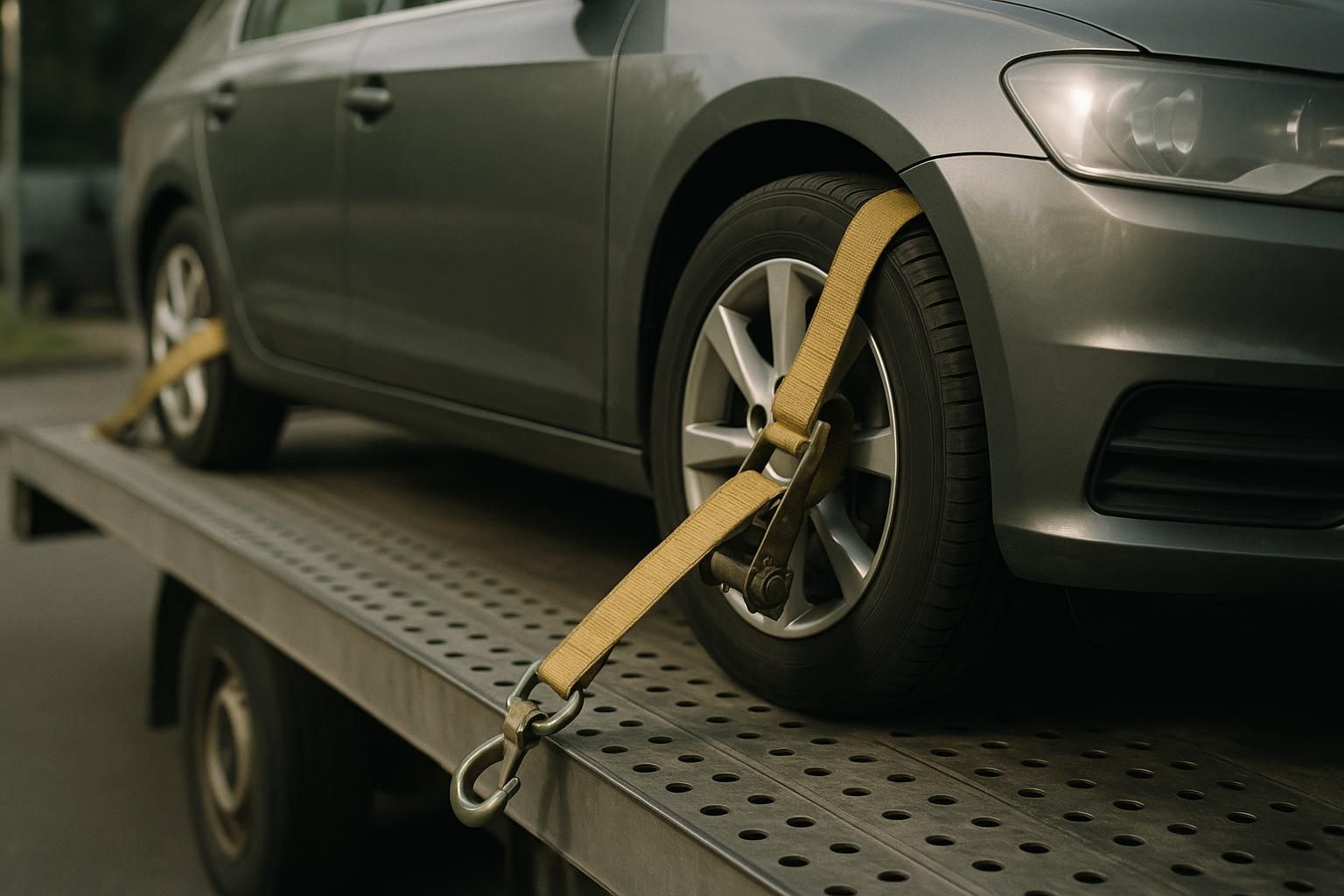 A car secured on a flatbed tow truck deck with wheel straps in Plano, TX