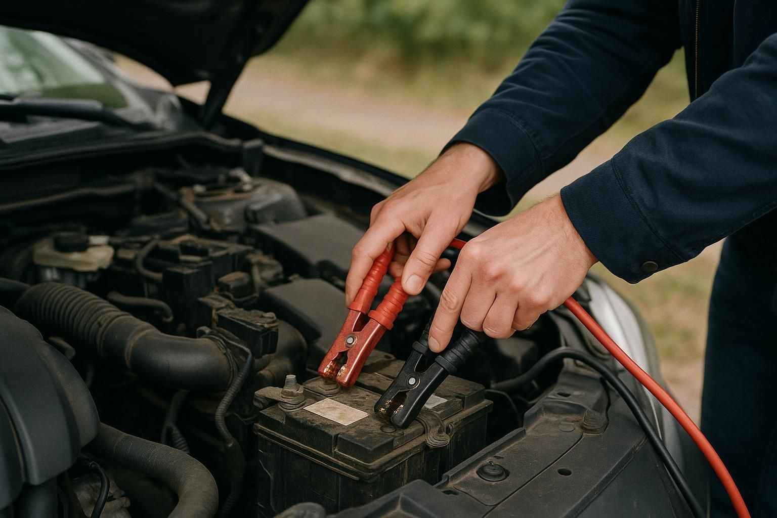 Roadside assistance jump start connecting cables to a car battery in Plano, TX